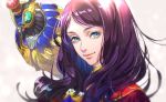 1girl animal animal_on_shoulder bangs bird_on_shoulder blue_eyes closed_mouth commentary_request eyelashes fate/grand_order fate_(series) grey_background leonardo_da_vinci_(fate/grand_order) long_hair looking_at_viewer parted_bangs portrait purple_hair robot simple_background smile solo tenobe 