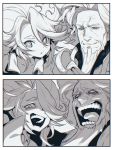  +_+ 2boys 2koma beard child christopher_columbus_(fate/grand_order) comic dual_persona facial_hair fate/grand_order fate_(series) greyscale hair_over_one_eye hat laughing looking_at_viewer male_focus monochrome multiple_boys norasame_(dagako) open_mouth shaded_face time_paradox younger 
