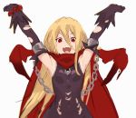  1girl :d armpits black_dress blonde_hair cape chains dress elbow_gloves evileye eyebrows_visible_through_hair gloves hair_between_eyes hands_up heart heart_in_mouth long_hair looking_at_viewer open_mouth overlord_(maruyama) red_cape red_eyes simple_background smile so-bin solo torn_clothes torn_gloves white_background 