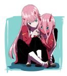  2girls aqua_eyes between_legs black_legwear blue_background boots character_doll darling_in_the_franxx dual_persona expressionless hair_between_eyes hiro_(darling_in_the_franxx) horns keychain long_hair long_sleeves looking_down lsw_(dltjddnja) multiple_girls pantyhose pink_hair red_sclera red_skin shadow simple_background sitting smile time_paradox uniform very_long_hair white_footwear younger zero_two_(darling_in_the_franxx) 