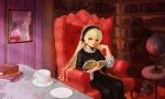  1girl book cup gosick gothic_lolita green_eyes highres holding holding_book indoors lolita_fashion long_hair open_book room sitting solo teacup victorica_de_blois 