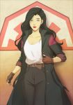  1girl asami_sato avatar_(series) belt black_hair black_pants breasts cleavage eyeshadow fingerless_gloves gloves jacket lipstick looking_at_viewer makeup nymre open_clothes open_jacket pants parted_lips shirt smile solo the_legend_of_korra white_shirt 