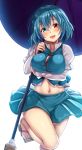  1girl adapted_costume bangs bare_legs blue_eyes blue_hair blue_skirt breast_hold breasts commentary_request ebi_193 geta hair_between_eyes head_tilt heterochromia holding holding_umbrella juliet_sleeves large_breasts long_sleeves looking_at_viewer midriff miniskirt navel open_mouth puffy_sleeves red_eyes sandals skirt skirt_set smile solo standing standing_on_one_leg tatara_kogasa touhou umbrella vest 