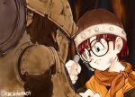  1girl black-framed_eyewear blue_eyes character_request chrono_trigger closed_mouth commentary_request frown glasses hand_up hat holding lucca_ashtear orange_scarf redhead repairing robot scarf shirokuro-kun solo twitter_username 