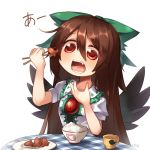  1girl artist_name asrielchu black_wings blush bow bowl brown_hair checkered chopsticks commentary_request cup fang food green_bow hair_between_eyes hair_bow hand_up holding long_hair mug open_mouth red_eyes reiuji_utsuho rice rice_bowl saucer shiny shiny_hair shirt signature simple_background solo table tako-san_wiener teeth third_eye touhou white_background white_shirt wings 