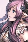  1girl :d blue_eyes braid breasts commentary_request draph granblue_fantasy grey_background hair_ornament hankuri horns large_breasts long_hair narmaya_(granblue_fantasy) open_mouth pink_hair pointy_ears simple_background smile solo upper_body 