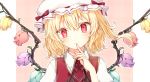  1girl blonde_hair closed_mouth commentary_request finger_to_mouth flandre_scarlet flat_chest flower green_flower hair_between_eyes hat hat_ribbon head_tilt honotai looking_at_viewer mob_cap purple_flower red_eyes red_flower red_ribbon ribbon shirt smile solo touhou upper_body ves vest white_hat white_shirt wing_collar wings yellow_flower 