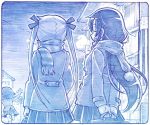  3girls :d arms_behind_back blue breath closed_eyes coat commentary_request facing_away from_behind goshiki_agiri kill_me_baby long_hair long_sleeves monochrome multiple_girls open_mouth oribe_yasuna outdoors outstretched_arms pleated_skirt pom_pom_(clothes) running sakino_shingetsu scarf shoes short_hair sideways_mouth skirt smile sonya_(kill_me_baby) spread_arms standing standing_on_one_leg twintails 