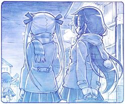  3girls :d arms_behind_back blue breath closed_eyes coat commentary_request facing_away from_behind goshiki_agiri kill_me_baby long_hair long_sleeves monochrome multiple_girls open_mouth oribe_yasuna outdoors outstretched_arms pleated_skirt pom_pom_(clothes) running sakino_shingetsu scarf shoes short_hair sideways_mouth skirt smile sonya_(kill_me_baby) spread_arms standing standing_on_one_leg twintails 