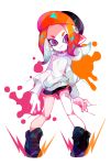  1girl amakusa_(hidorozoa) baseball_cap black_hat boots closed_mouth hat long_sleeves looking_at_viewer octoling orange_hair paint_splatter pigeon-toed pink_eyes pointy_ears short_shorts shorts solo splatoon splatoon_2 splatter standing sweater tentacle_hair white_background white_sweater 