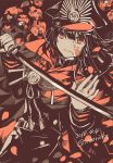  1girl black_hair blood blood_on_face blood_splatter coat commentary_request dated fate_(series) gloves hat highres holding holding_sword holding_weapon jacket katana koha-ace long_hair long_sleeves looking_at_viewer monochrome oda_nobunaga_(fate) parted_lips peaked_cap red red_eyes red_scarf rioka_(southern_blue_sky) scarf smile solo standing sword twitter_username upper_body weapon 