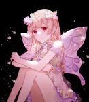  1girl black_background brown_hair closed_mouth copyright_request fairy_wings feet_out_of_frame flower gocoli hair_flower hair_ornament head_wreath highres long_hair looking_at_viewer red_eyes see-through short_sleeves sitting smile solo wings 