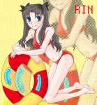  1girl belly_button bikini black_hair blue_eyes fate/stay_night fate_(series) innertube long_hair looking_at_viewer lowres namaco red_bikini ribbon solo tohsaka_rin twintails 