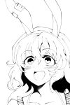  1girl :d absurdres animal_ears bangs blush collarbone commentary_request ear_clip eyebrows_visible_through_hair frills greyscale hair_between_eyes halftone highres kurokan_(kokkyou_oudan) long_hair looking_at_viewer monochrome open_mouth portrait rabbit_ears seiran_(touhou) simple_background smile solo spaghetti_strap tareme touhou 