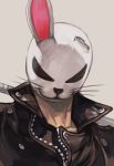  1boy animal_ears black_jacket copyright_request facing_viewer grey_background hankuri holding holding_weapon jacket leather leather_jacket male_focus rabbit_ears simple_background solo upper_body weapon whiskers 