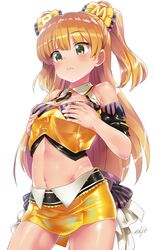  1girl bangs bare_shoulders belt blonde_hair blush bow breasts eyebrows_visible_through_hair eyelashes green_eyes hair_bow hands_on_own_chest highres hips idolmaster idolmaster_cinderella_girls jougasaki_rika long_hair midriff navel shift_(waage) shiny shiny_skin simple_background skirt small_breasts solo thighs two_side_up waist white_background yellow_skirt 