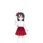  1girl alternate_hairstyle artist_request bangs black_hair bow checkered checkered_skirt child closed_mouth hair_between_eyes hair_bow hair_down kneehighs long_sleeves looking_at_viewer love_live! love_live!_school_idol_festival love_live!_school_idol_project official_art plaid plaid_skirt red_bow red_eyes shirt skirt smile solo standing transparent_background waving white_legwear white_shirt yazawa_nico younger 