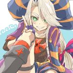  +_+ 1boy arm_support boots christopher_columbus_(fate/grand_order) fate/grand_order fate_(series) fingerless_gloves gloves green_eyes grin hair_intakes hat long_hair looking_at_viewer low_ponytail male_focus purple_gloves shindoi shorts silver_hair sitting smile sock_garters solo v very_long_hair younger 