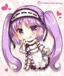  1girl :p bangs bare_shoulders black_flower black_rose blush chibi commentary_request dress euryale eyebrows_visible_through_hair fate/grand_order fate_(series) flower frilled_hairband hairband hand_up heart looking_at_viewer purple_hair rose smile solo standing suzune_rena tongue tongue_out twintails twitter_username violet_eyes white_dress 