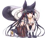 1girl :d all_fours animal_ears bangs bare_shoulders bell black_hair blush breasts cleavage collarbone commentary_request erune eyebrows_visible_through_hair fang fox_ears fox_girl fox_tail full_body fur fur_trim granblue_fantasy habu_rin hair_bell hair_between_eyes hair_ornament hair_ribbon jingle_bell long_hair looking_at_viewer medium_breasts open_mouth red_eyes red_ribbon revealing_clothes ribbon smile solo tail very_long_hair white_background yuel_(granblue_fantasy)