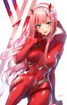  1girl arm_support athenawyrm backlighting blush bodysuit darling_in_the_franxx eyes_visible_through_hair green_eyes horns horns_through_headwear long_hair pink_hair strelizia tagme tongue tongue_out white_background zero_two_(darling_in_the_franxx) 