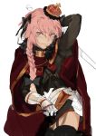  1boy absurdres astolfo_(fate) black_bow black_legwear black_skirt bow braid cape closed_mouth commentary_request contrapposto cowboy_shot crown eyebrows_visible_through_hair fate/apocrypha fate_(series) faulds garter_belt gauntlets gorget hair_between_eyes hair_bow hair_intakes hand_up highres hiranko holding holding_sword holding_weapon looking_at_viewer male_focus pink_eyes pink_hair red_cape simple_background single_braid skirt solo sword thigh-highs unfinished weapon white_background 