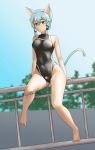 1girl animal_ears barefoot black_swimsuit blue_eyes blue_hair cat_ears competition_swimsuit dutch_angle full_body halcyon_(halcyon90) kantai_collection looking_at_viewer one-piece_swimsuit outdoors railing shinon_(sao-alo) short_hair sitting solo swimsuit sword_art_online tail turtleneck twitter_username 