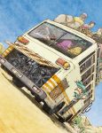  aqua_hair bag blue_sky bus dutch_angle ground_vehicle hat hatsune_miku hijab motor_vehicle mountain sky tomoyoshi_ohta twintails vocaloid 