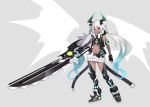  1girl :3 black_gloves blue_eyes blue_hair boots commentary_request elbow_gloves fang fingerless_gloves gloves gradient_hair grey_background hair_between_eyes high_heel_boots high_heels holding holding_sword holding_weapon horns long_hair looking_at_viewer low_twintails low_wings multicolored_hair navel original oversized_object simple_background smile solo sword thigh-highs twintails very_long_hair weapon westxost_(68monkey) white_hair wings 