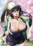  1girl absurdres artist_name bangs baseball_cap bike_shorts black_hair black_shorts blush breasts cherry_blossoms cleavage clothes_writing collarbone double_vertical_stripe eyebrows_visible_through_hair feathers green_jacket hair_between_eyes hat highres jacket jewelry large_breasts long_hair looking_at_viewer melonbooks necklace ogino_atsuki open_clothes open_jacket open_mouth outdoors ponytail scan shiny shiny_hair shorts sleeves_past_fingers solo spring_(season) standing strap_gap tareme thigh_gap towel towel_around_neck track_jacket unzipped very_long_hair violet_eyes 