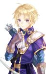  1boy artist_name belt blonde_hair bow_(weapon) fingerless_gloves fire_emblem fire_emblem:_fuuin_no_tsurugi fire_emblem_heroes gloves highres klein_(fire_emblem) male_focus quiver simple_background solo violet_eyes weapon white_background 