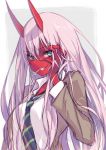  1girl blue_neckwear collared_shirt commentary_request darling_in_the_franxx eyebrows_visible_through_hair fingernails green_eyes green_nails grey_background grin hair_between_eyes hand_on_own_face hand_up hong_(white_spider) horns jacket long_hair long_sleeves looking_at_viewer monsterification mouth_hold nail_polish neckerchief necktie oni pink_hair red_skin sharp_teeth shirt simple_background smile solo teeth upper_body very_long_hair white_shirt wing_collar zero_two_(darling_in_the_franxx) 
