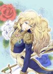  1girl androgynous artist_name blonde_hair blue_background blue_eyes blue_flower blue_rose epaulettes expressionless flower leaning_back long_hair looking_down looking_to_the_side military military_uniform nogi_akira oscar_francois_de_jarjayes rapier red_flower red_rose rose sash sword tunic uniform versailles_no_bara wavy_hair weapon white_flower white_rose 