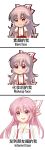  1girl :d blush bow chibi chinese chinese_commentary commentary_request english eyebrows_visible_through_hair fujiwara_no_mokou hair_between_eyes hair_bow highres lipstick long_hair looking_at_viewer makeup open_mouth pants pink_hair pink_lips puffy_short_sleeves puffy_sleeves red_eyes red_pants shangguan_feiying shirt short_sleeves simple_background smile solo suspenders touhou translation_request upper_body very_long_hair white_background white_bow white_shirt 
