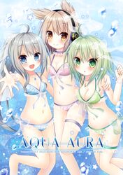  3girls :d :o ahoge bangs bare_shoulders barefoot bikini blue_bikini blue_eyes blush bow bracelet breasts brown_eyes cleavage closed_mouth commentary_request earmuffs eyebrows_visible_through_hair fingernails girl_sandwich green_bikini green_eyes green_hair green_nails hair_between_eyes hair_bow himetsuki_luna jewelry light_brown_hair long_hair medium_breasts mononobe_no_futo multiple_girls nail_polish navel open_mouth parted_lips pearl_bracelet pink_bikini pointy_hair polka_dot polka_dot_bikini ponytail sandwiched see-through silver_hair small_breasts smile soga_no_tojiko star swimsuit thigh_strap touhou toyosatomimi_no_miko very_long_hair 