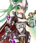 1girl :d blush bodysuit boobplate breastplate ebifly faulds gauntlets green_eyes green_hair head_wings holding holding_weapon holographic_interface long_hair looking_at_viewer open_mouth original pelvic_curtain pointy_ears polearm ponytail shield smile solo spaulders standing visor_(armor) weapon 