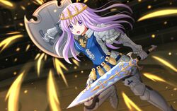  1girl alternate_costume armor blush final_fantasy final_fantasy_xiv hair_ornament highres kazenokaze knight long_hair looking_at_viewer nepgear neptune_(series) open_eyes open_mouth purple_hair shield solo sword violet_eyes weapon 