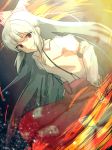  1girl arm_garter baggy_pants bangs bow collared_shirt cowboy_shot eyebrows_visible_through_hair fire fujiwara_no_mokou hair_bow hands_in_pockets highres long_hair long_sleeves looking_at_viewer ofuda_on_clothes pants red_eyes red_pants shirt silver_hair smile solo suspenders tauta_(meshia8787) teeth touhou very_long_hair white_shirt 