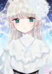  1girl 2017 aqua_eyes bangs blonde_hair blue_background blunt_bangs capelet closed_mouth cross dated earrings flower gosick gradient gradient_background green_eyes hair_flower hair_ornament harugamitsu hime_cut jewelry lace light_smile necklace older rosary rose signature solo upper_body veil victorica_de_blois white_flower white_rose 