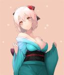  1girl ahoge bangs bare_shoulders black_bow blue_kimono blush bow breasts brown_background brown_eyes cleavage closed_mouth collarbone commentary eyebrows_visible_through_hair fate/grand_order fate_(series) flower hair_between_eyes hair_bow hair_flower hair_ornament head_tilt huyou_(awegk) japanese_clothes kimono koha-ace long_sleeves looking_away looking_to_the_side medium_breasts obi off_shoulder okita_souji_(fate) pinching_sleeves pink_hair red_flower sash short_hair solo wide_sleeves 