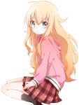  1girl bafarin black_legwear blonde_hair blue_eyes commentary from_side gabriel_dropout highres hood hoodie long_hair messy_hair no_shoes pink_hoodie red_skirt school_uniform simple_background sitting skirt socks solo tenma_gabriel_white very_long_hair white_background 