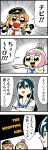  3girls 4koma anger_vein bangs bkub blank_eyes clenched_hand clenched_hands comic commentary_request crossed_arms emphasis_lines english eyebrows_visible_through_hair green_eyes green_hair hachigatsu_no_cinderella_nine hair_between_eyes hair_bun hat highres hiiragi_kotoha ikusa_katato iwaki_yoshimi jacket_on_shoulders long_hair multiple_girls necktie open_mouth orange_hair pink_eyes pink_hair pointing red_eyes school_uniform shaded_face shirt short_hair shouting simple_background smile speech_bubble talking translation_request two-tone_background two_side_up 