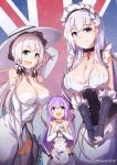  3girls :d ahoge azur_lane bangs belfast_(azur_lane) black_bow black_ribbon blue_eyes blush bow breasts cleavage closed_mouth commentary criss-cross_halter detached_sleeves dress elbow_gloves eyebrows_visible_through_hair gloves hair_between_eyes hair_bun hair_ribbon halterneck hat highres illustrious_(azur_lane) large_breasts long_hair long_sleeves maid_headdress multiple_girls myumi object_hug one_side_up open_mouth purple_hair ribbon side_bun silver_hair smile strapless strapless_dress stuffed_animal stuffed_pegasus stuffed_toy stuffed_unicorn twitter_username unicorn_(azur_lane) union_jack very_long_hair violet_eyes white_dress white_gloves white_hat 