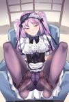  1girl alternate_costume armchair bangs black_footwear black_legwear black_neckwear blush bow bow_panties bowtie buttons center_frills chair commentary_request corset crotch_seam dress euryale eyebrows_visible_through_hair fate/grand_order fate_(series) feet frills full_body gothic_lolita grin hairband half-closed_eyes head_tilt indoors legs legs_up lolita_fashion lolita_hairband long_hair looking_at_viewer maid merufena no_shoes panties panties_under_pantyhose pantyhose pink_bow pov_feet puffy_short_sleeves puffy_sleeves purple_hair purple_legwear short_sleeves sitting sketch smile soles solo thighband_pantyhose twintails underwear very_long_hair violet_eyes white_dress 