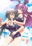  2girls animal_ears arms_around_neck barefoot blush braid breasts brown_eyes cleavage dutch_angle hair_between_eyes hug hug_from_behind infinite_stratos kuroda_ariake large_breasts long_hair looking_at_another multiple_girls old_school_swimsuit one-piece_swimsuit open_mouth orimura_chifuyu purple_hair rabbit_ears school_swimsuit shinonono_tabane swimsuit violet_eyes water 