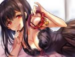 1girl black_hair breasts cleavage collar_removed commentary_request finger_to_mouth hand_on_own_chin heart_collar holding large_breasts licking_lips long_hair lying mole mole_under_mouth natsuki_iori naughty_face nightgown on_side original red_collar red_eyes solo tongue tongue_out 