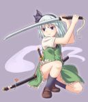  1girl arms_up bangs black_bow black_legwear blue_eyes bow brown_footwear buttons closed_mouth full_body green_skirt hair_bow holding holding_sword holding_weapon konpaku_youmu konpaku_youmu_(ghost) looking_to_the_side miyo_(ranthath) one_knee purple_background sheath sheathed short_hair short_sleeves simple_background skirt skirt_set socks solo sword touhou two-handed unsheathed weapon white_hair 