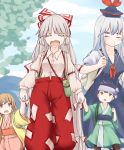  1boy 3girls arm_up backpack bag bangs black_hair blue_hair bow breasts brown_eyes brown_hair buttons cleavage closed_eyes collared_shirt day dress eyebrows_visible_through_hair fujiwara_no_mokou grey_hair hair_bow hand_holding hand_up hat headband japanese_clothes kamishirasawa_keine long_hair medium_breasts miyo_(ranthath) multiple_girls open_mouth outdoors pants puffy_short_sleeves puffy_sleeves red_pants sash shirt short_hair short_sleeves sidelocks skirt suspender_skirt suspenders sweat tears touhou very_long_hair yawning 