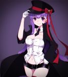  &gt;:) 1girl bb_(fate/extra_ccc) black_coat black_hat black_neckwear black_shorts blush bow breasts cleavage closed_mouth coat cowboy_shot detached_collar fate/extra fate/extra_ccc fate_(series) gloves gradient gradient_background hand_on_headwear hat hat_bow highres long_hair looking_at_viewer medium_breasts mini_necktie navel necktie open_clothes open_coat peaked_cap purple_background purple_hair red_bow shiny shiny_hair short_shorts shorts smile solo standing straight_hair strapless takae_(poupee_en_biscuit) tareme very_long_hair violet_eyes white_gloves 