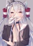  1girl amatsukaze_(kantai_collection) brown_dress brown_eyes covering_mouth dress flat_chest gloves grey_background hair_tubes kantai_collection long_hair looking_at_viewer no_bra open_clothes sailor_dress silver_hair simple_background single_glove solo tahya two_side_up upper_body white_gloves windsock 